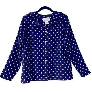 Susan Graver navy w polka dots button up gentle ruffle collar blouse M